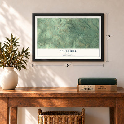 Bakerhill, Alabama map, 12 x 18 inch print in a black frame in an entryway