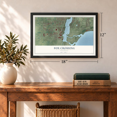 Fox Crossing, Wisconsin map, 12 x 18 inch print in a black frame in an entryway