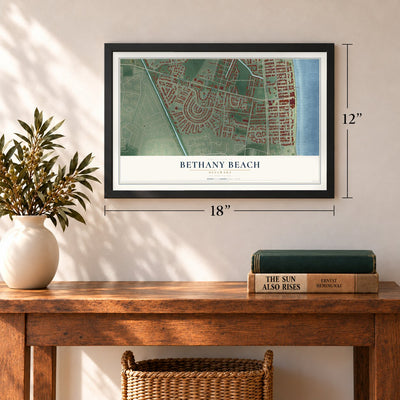 Bethany Beach, Delaware map, 12 x 18 inch print in a black frame in an entryway