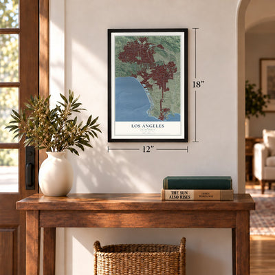 Los Angeles, California map, 12 x 18 inch print in a black frame in an entryway