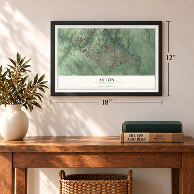 Aston, Pennsylvania map, 12 x 18 inch print in a black frame in an entryway
