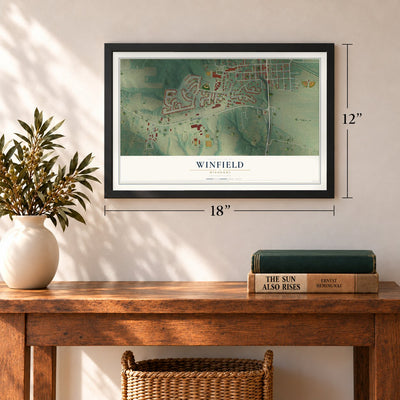 Winfield, Missouri map, 12 x 18 inch print in a black frame in an entryway