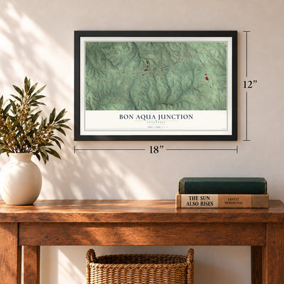 Bon Aqua Junction, Tennessee map, 12 x 18 inch print in a black frame in an entryway
