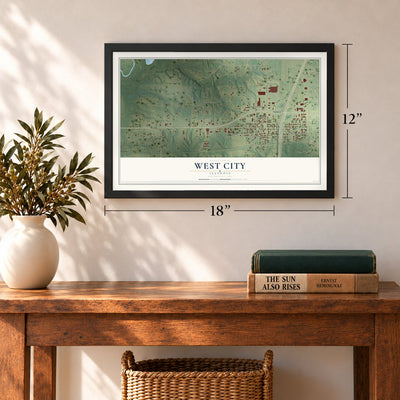West City, Illinois map, 12 x 18 inch print in a black frame in an entryway
