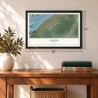Albany, Illinois map, 12 x 18 inch print in a black frame in an entryway