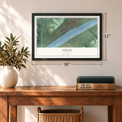 Vevay, Indiana map, 12 x 18 inch print in a black frame in an entryway