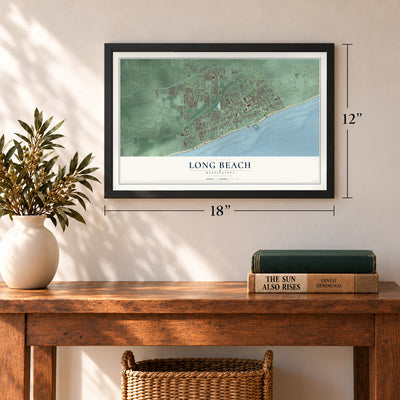 Long Beach, Mississippi map, 12 x 18 inch print in a black frame in an entryway