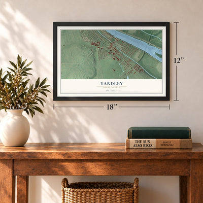 Yardley, Pennsylvania map, 12 x 18 inch print in a black frame in an entryway