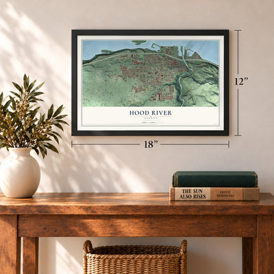 Hood River, Oregon map, 12 x 18 inch print in a black frame in an entryway