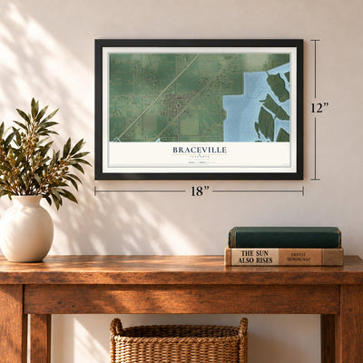 Braceville, Illinois map, 12 x 18 inch print in a black frame in an entryway