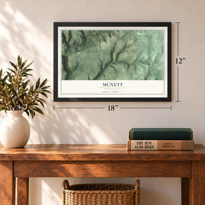 McNett, Pennsylvania map, 12 x 18 inch print in a black frame in an entryway