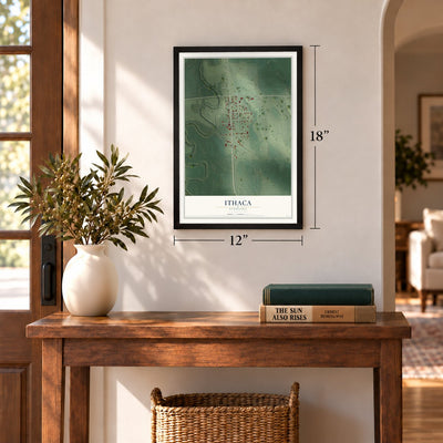 Ithaca, Nebraska map, 12 x 18 inch print in a black frame in an entryway