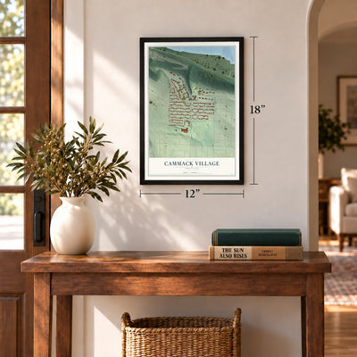 Cammack Village, Arkansas map, 12 x 18 inch print in a black frame in an entryway