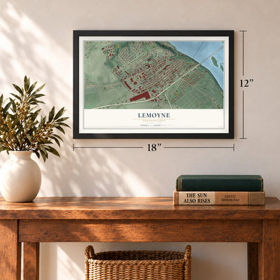 Lemoyne, Pennsylvania map, 12 x 18 inch print in a black frame in an entryway