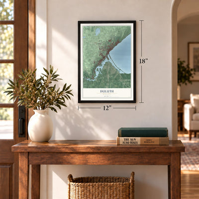 Duluth, Minnesota map, 12 x 18 inch print in a black frame in an entryway
