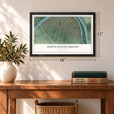 South Bound Brook, New Jersey map, 12 x 18 inch print in a black frame in an entryway
