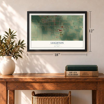 Leighton, Alabama map, 12 x 18 inch print in a black frame in an entryway