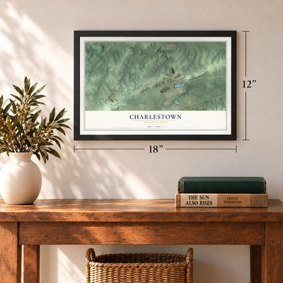 Charlestown, Pennsylvania map, 12 x 18 inch print in a black frame in an entryway