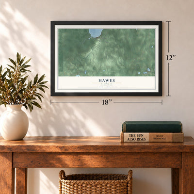 Hawes, Michigan map, 12 x 18 inch print in a black frame in an entryway