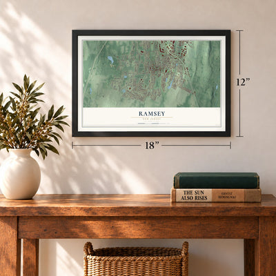 Ramsey, New Jersey map, 12 x 18 inch print in a black frame in an entryway