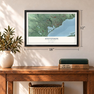 Stevenson, Washington map, 12 x 18 inch print in a black frame in an entryway