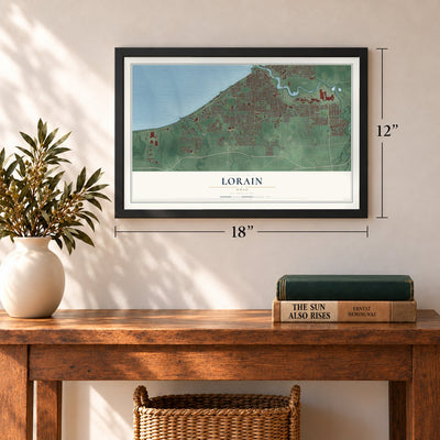 Lorain, Ohio map, 12 x 18 inch print in a black frame in an entryway