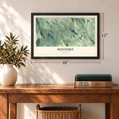 Monterey, Massachusetts map, 12 x 18 inch print in a black frame in an entryway