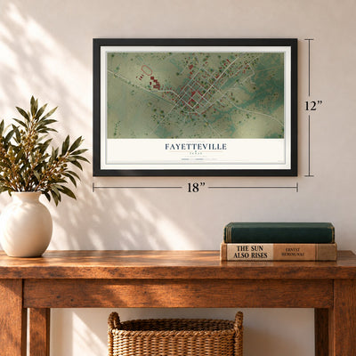 Fayetteville, Texas map, 12 x 18 inch print in a black frame in an entryway