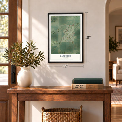 Bardolph, Illinois map, 12 x 18 inch print in a black frame in an entryway