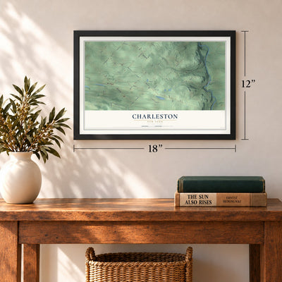 Charleston, New York map, 12 x 18 inch print in a black frame in an entryway