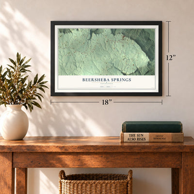Beersheba Springs, Tennessee map, 12 x 18 inch print in a black frame in an entryway