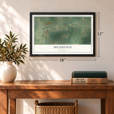 Millerville, Minnesota map, 12 x 18 inch print in a black frame in an entryway