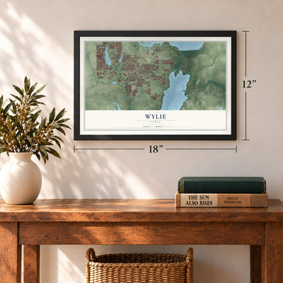 Wylie, Texas map, 12 x 18 inch print in a black frame in an entryway