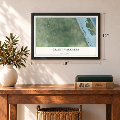 Grant-Valkaria, Florida map, 12 x 18 inch print in a black frame in an entryway