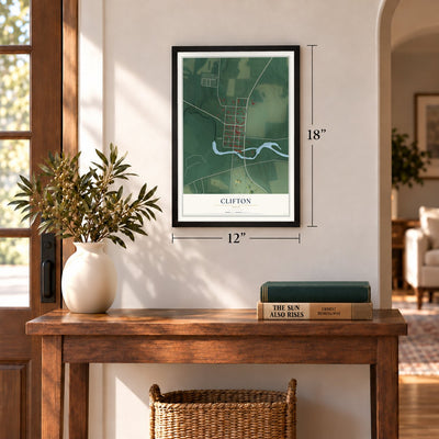 Clifton, Ohio map, 12 x 18 inch print in a black frame in an entryway