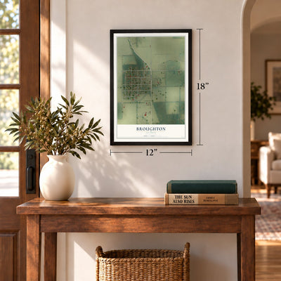 Broughton, Illinois map, 12 x 18 inch print in a black frame in an entryway