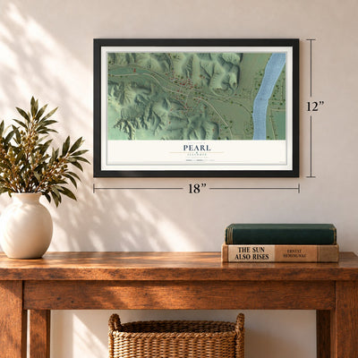 Pearl, Illinois map, 12 x 18 inch print in a black frame in an entryway