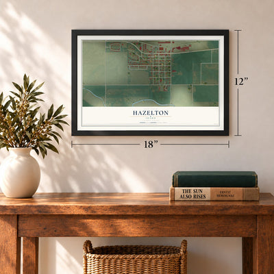Hazelton, Idaho map, 12 x 18 inch print in a black frame in an entryway