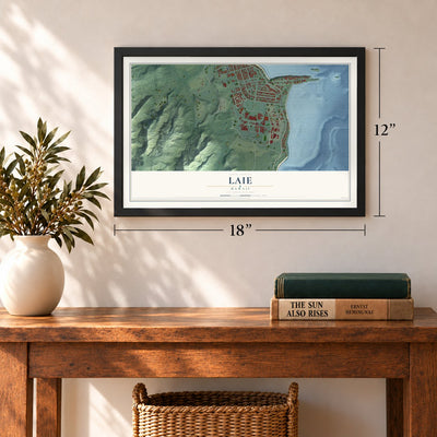 Laie, Hawaii map, 12 x 18 inch print in a black frame in an entryway