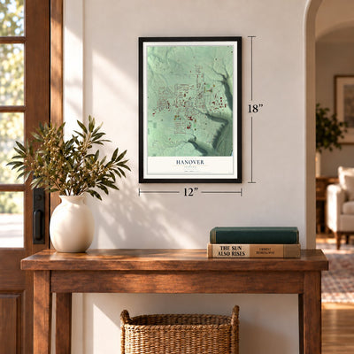 Hanover, Indiana map, 12 x 18 inch print in a black frame in an entryway