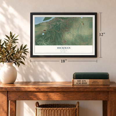 Hickman, Kentucky map, 12 x 18 inch print in a black frame in an entryway