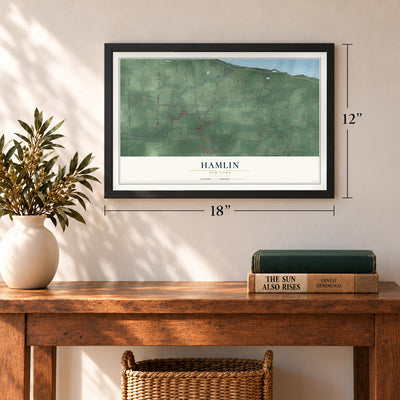 Hamlin, New York map, 12 x 18 inch print in a black frame in an entryway