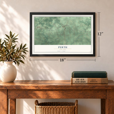 Perth, New York map, 12 x 18 inch print in a black frame in an entryway