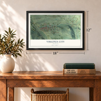 Virginia City, Montana map, 12 x 18 inch print in a black frame in an entryway