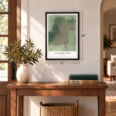 La Grange Park, Illinois map, 12 x 18 inch print in a black frame in an entryway