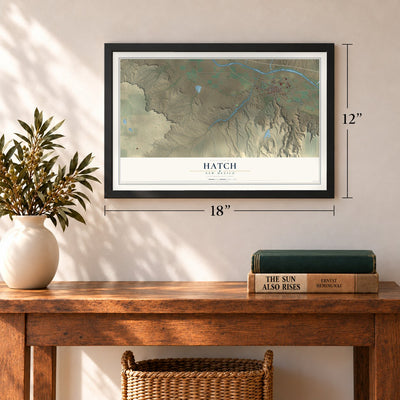 Hatch, New Mexico map, 12 x 18 inch print in a black frame in an entryway