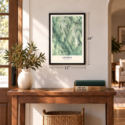 Leyden, Massachusetts map, 12 x 18 inch print in a black frame in an entryway
