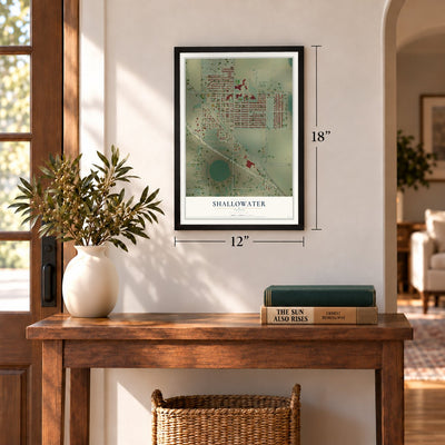 Shallowater, Texas map, 12 x 18 inch print in a black frame in an entryway