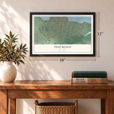 Pine Beach, New Jersey map, 12 x 18 inch print in a black frame in an entryway
