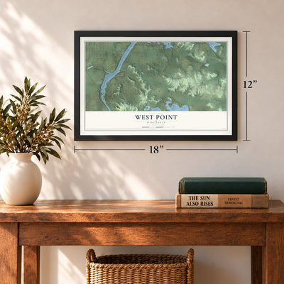West Point, Wisconsin map, 12 x 18 inch print in a black frame in an entryway